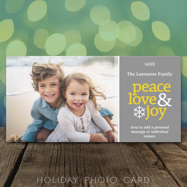 Peace Love Joy - Photo - grey yellow Holiday Card (Classic Holiday Photo Card)