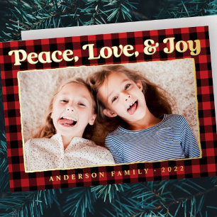 Peace Love & Joy Plaid Pattern Family Photo Foil Holiday Card