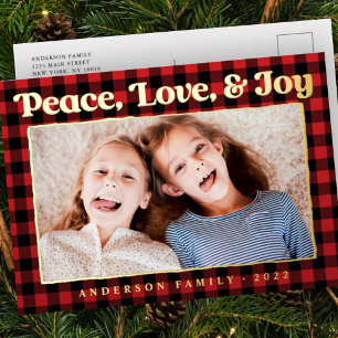 Peace Love & Joy Plaid Pattern Family Photo Foil Holiday Postcard