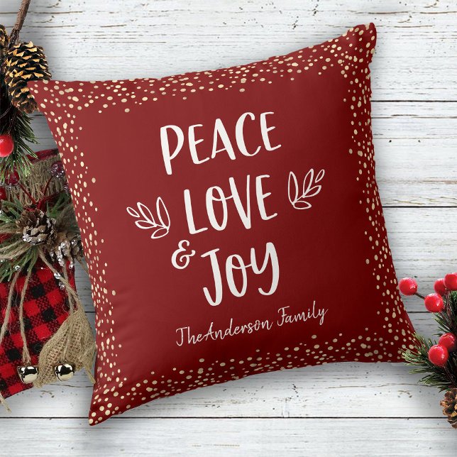 “Peace Love Joy” Quote Modern Typography Red Name Cushion (Creator Uploaded)
