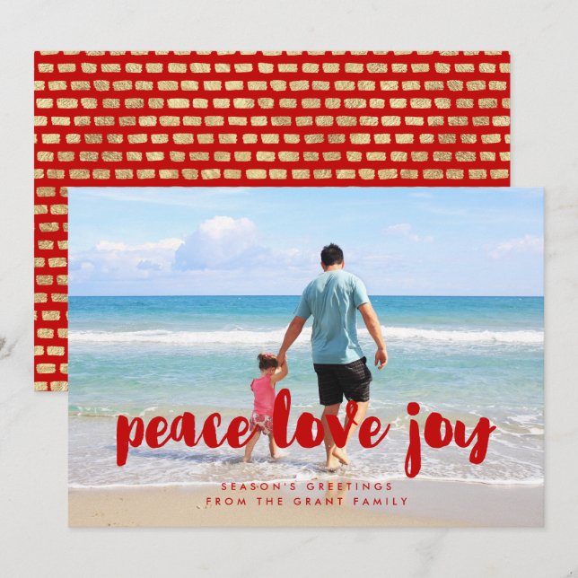 Peace Love Joy Red Christmas Family Photo Holiday Card (Front/Back)
