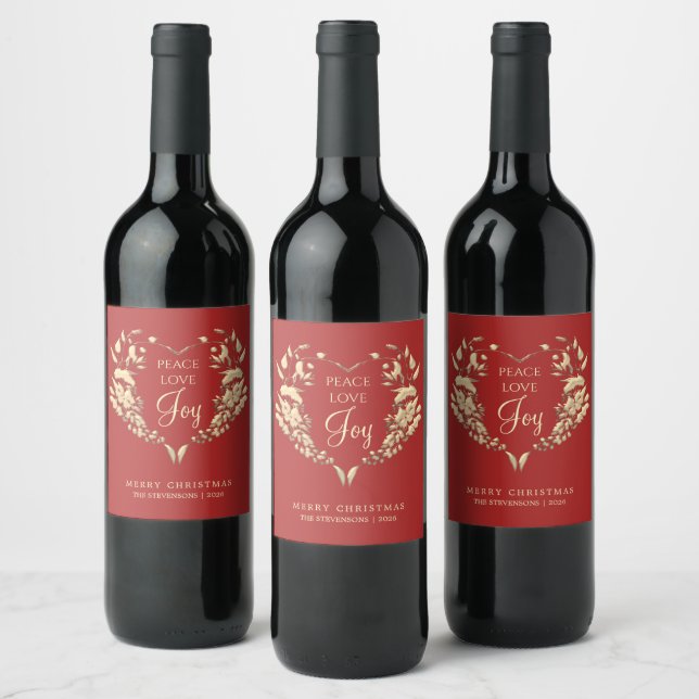 Peace Love Joy Red Gold Christmas Wine Label (Bottles)