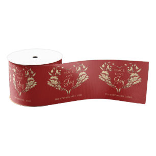 Peace Love Joy Red Gold Personalised Grosgrain Ribbon