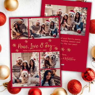 Peace Love Joy Red Gold Photo Collage Christmas Holiday Card