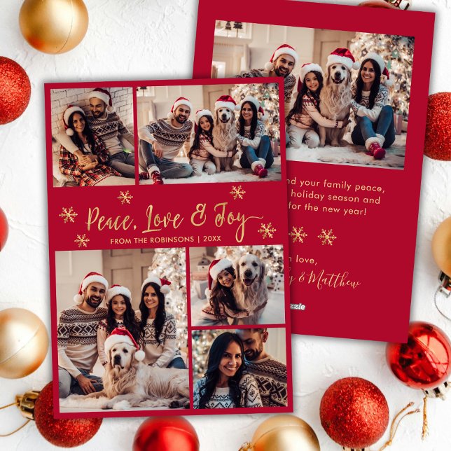 Peace Love Joy Red Gold Photo Collage Christmas Holiday Card (Creator Uploaded)