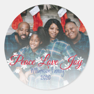 Peace Love Joy Red Script Your Photo Classic Round Sticker