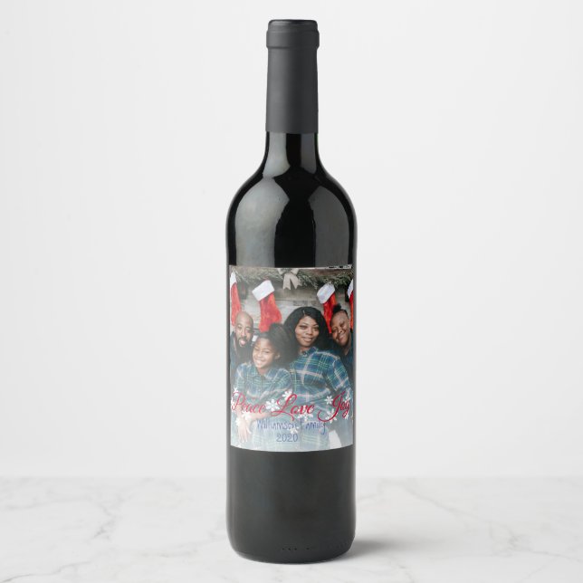Peace Love Joy Red Script Your Photo Wine Label (Front)