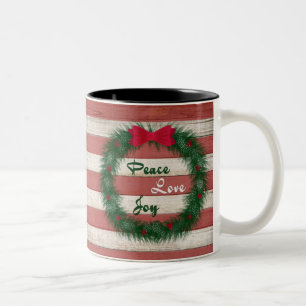 Peace, Love & Joy Red Stripe Wreath Mug