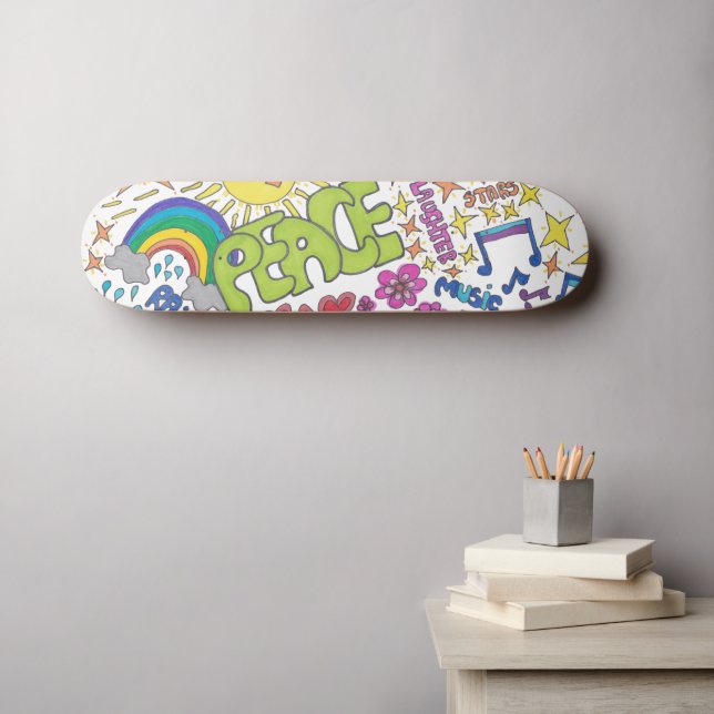 Peace, love, joy.  Retro 1960s hippy vibe.  Skateboard (Wall Art (Horz))