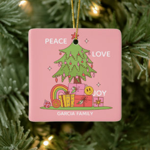 Peace, Love & Joy - Retro Christmas Tree in Pink Ceramic Ornament