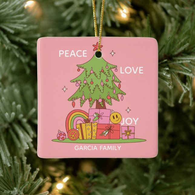 Peace, Love & Joy - Retro Christmas Tree in Pink Ceramic Ornament (Tree)