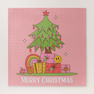 Peace, Love & Joy - Retro Christmas Tree in Pink Jigsaw Puzzle