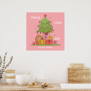Peace, Love & Joy - Retro Christmas Tree in Pink Poster