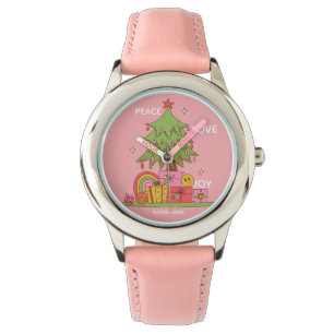 Peace, Love & Joy - Retro Christmas Tree in Pink Watch