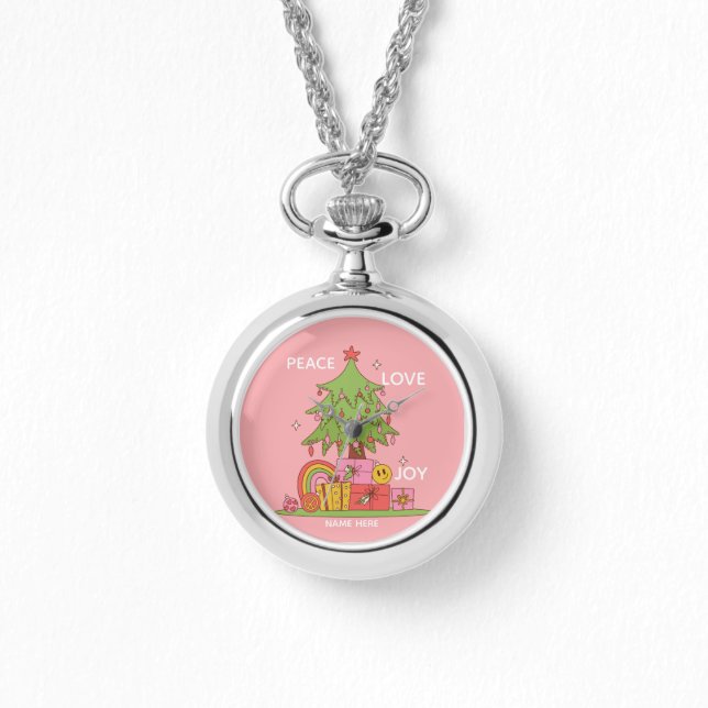 Peace, Love & Joy - Retro Christmas Tree in Pink Watch (Front)