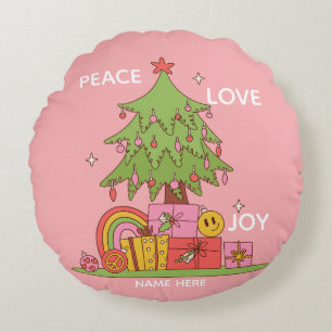 Peace, Love & Joy Retro Christmas Tree Pink  Round Cushion