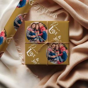 Peace Love Joy Round Photo Elegant Typography Gold Wrapping Paper