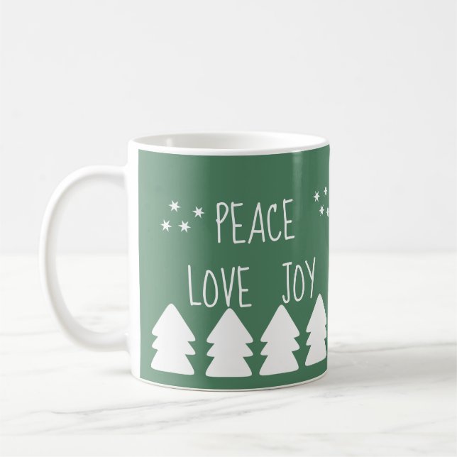 Peace Love Joy Script Green Holiday Coffee Mug (Left)