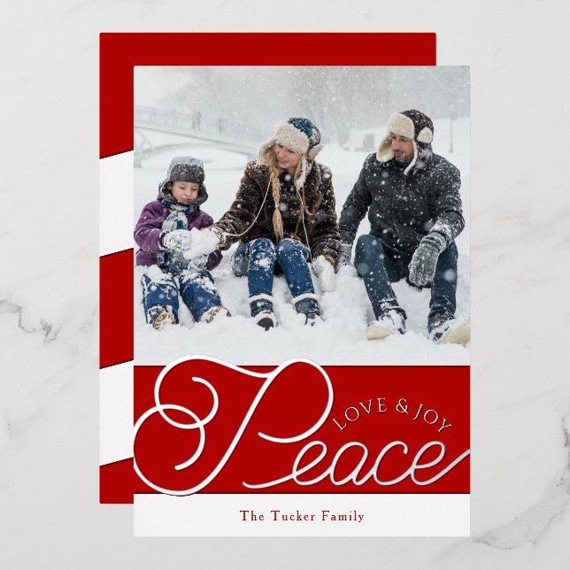 Peace Love Joy Script Red Silver 2-Photo Christmas Foil Holiday Card (Front/Back)