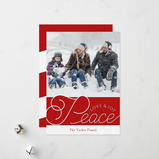 Peace Love Joy Script Red & White Photo Christmas Holiday Card (Front/Back In Situ)