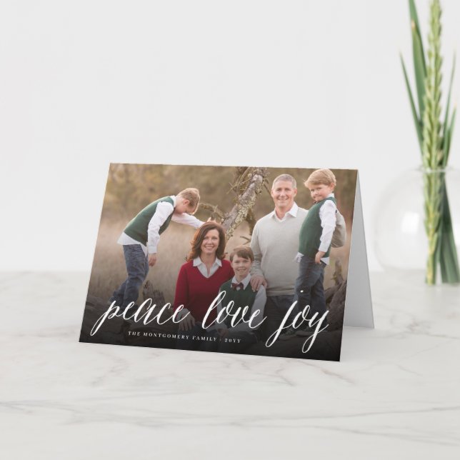 Peace Love Joy Simple Script Holiday Photo Card (Front)