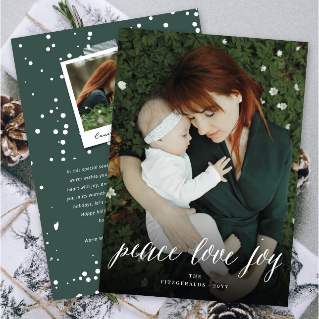 Peace Love Joy Simple White Script Modern Photo Holiday Card (Creator Uploaded)