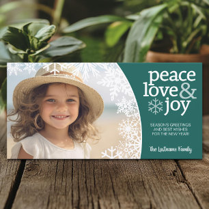 Peace Love Joy - Snowflakes and 1 Photo - Teal Holiday Card