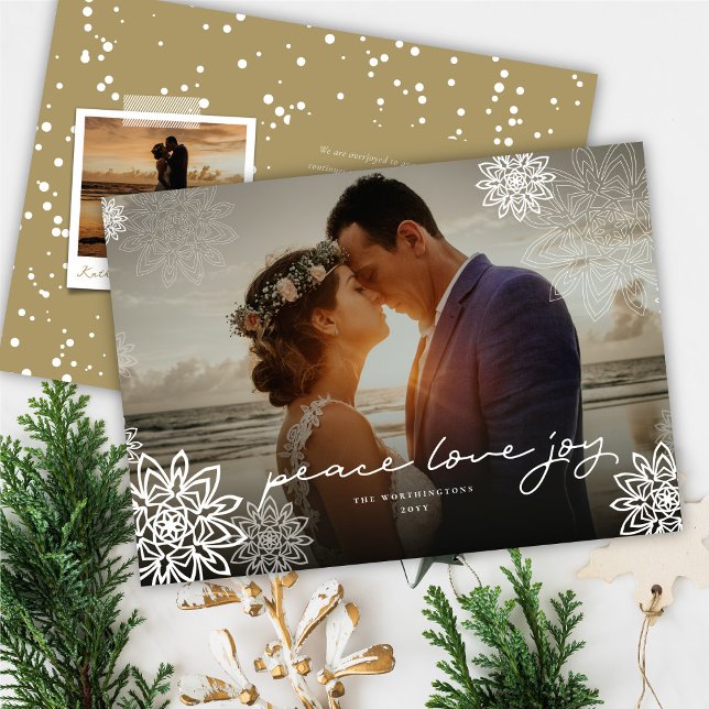 Peace Love Joy Snowflakes Elegant Christmas Photo Holiday Card (Creator Uploaded)