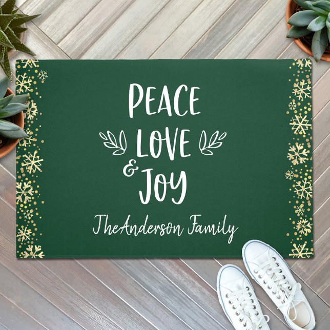 Peace Love Joy Snowflakes Typography Green Holiday Doormat (Creator Uploaded)