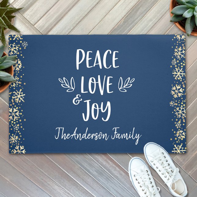 Peace Love Joy Snowflakes Typography Navy Holiday Doormat (Creator Uploaded)
