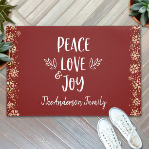 Peace Love Joy Snowflakes Typography Red Holiday Doormat