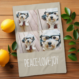 Peace Love Joy Taupe Holiday Photo Collage Tea Towel