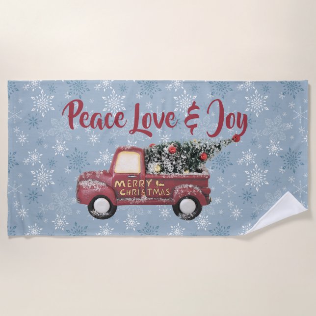 Peace Love & Joy Toy Truck Merry Christmas Beach Towel (Front)