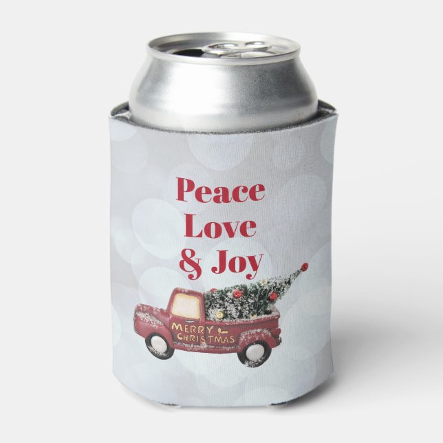 Peace Love & Joy Toy Truck Merry Christmas Can Cooler (Can Front)