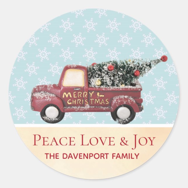 Peace Love & Joy Toy Truck Merry Christmas Classic Round Sticker (Front)