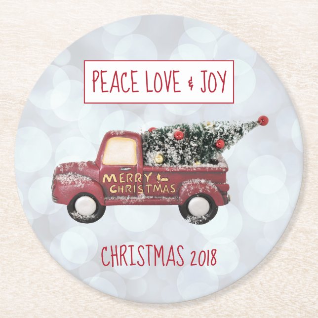 Peace Love & Joy Toy Truck Merry Christmas Round Paper Coaster (Front)