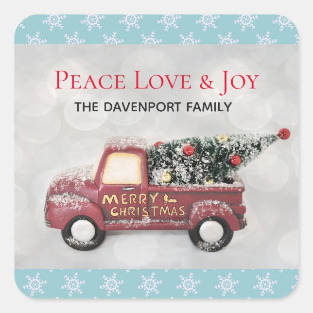 Peace Love & Joy Toy Truck Merry Christmas Square Sticker (Front)
