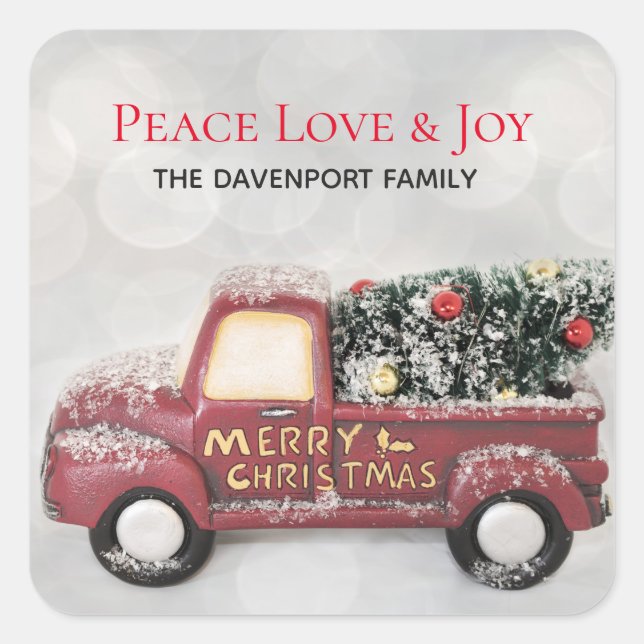 Peace Love & Joy Toy Truck Merry Christmas Square Sticker (Front)