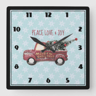 Peace Love & Joy Toy Truck Merry Christmas Square Wall Clock