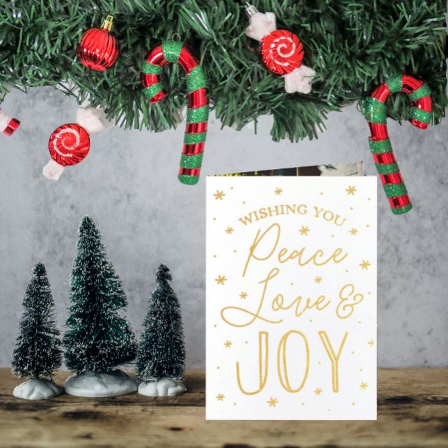 Peace, Love & Joy Typography 3 Photo Christmas Foil Card (Creator Uploaded)