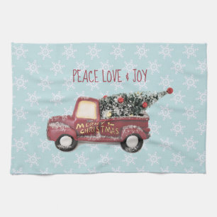 Peace Love & Joy w/ Red Toy Truck Merry Christmas Tea Towel