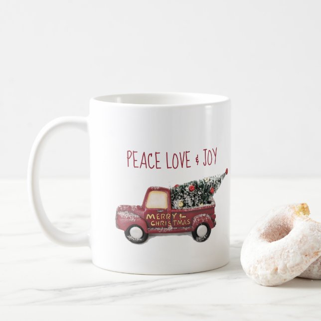 Peace Love & Joy w/ RedToy Truck Merry Christmas Coffee Mug (With Donut)