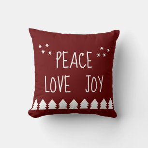 Peace Love Joy White Script Burgundy Holiday Thro Cushion