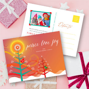 Peace Love Joy Winter Trees Snow And Birds Modern Holiday Postcard