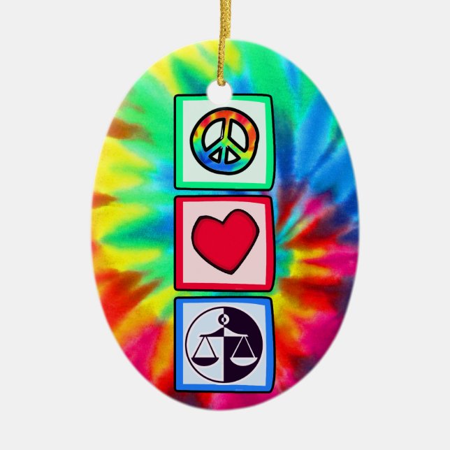 Peace, Love, Justice Ceramic Tree Decoration (Front)