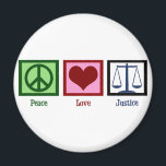 Peace Love Justice Magnet<br><div class="desc">believe in the law. Peace sign,  red heart and the scales of justice. A great gift for someone in the legal profession,  an attorney,  lawyer,  prosecutor,  or judge.</div>