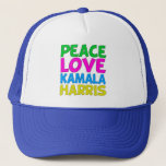 Peace Love Kamala Harris Trucker Hat<br><div class="desc">Cute Peace Love Kamala Harris hat for a progressive democrat who loves fun,  colourful political designs. Vote for Kamala for president in the 2024 election. A fun liberal design in bright colours.</div>