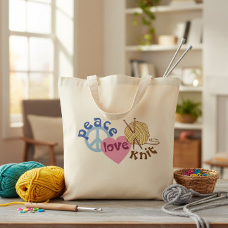 Peace Love Knit Yarn and Knitting Supplies Tote Bag