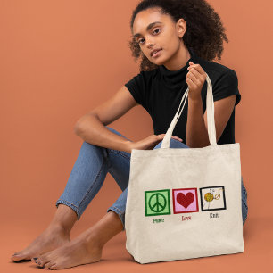 Peace Love & Knitting Large Tote Bag