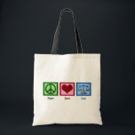 Peace Love Law Tote Bag<br><div class="desc">A peace sign,  heart,  and the scales of justice make a cute gift for a lawyer or someone in law school. A judge or prosecutor would also appreciate this present.</div>